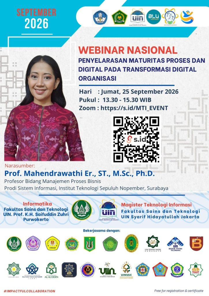 Prodi MTI UIN Jakarta dan Informatika UIN Saizu Purwokerto Sukses Gelar Webinar Nasional #8, Bahas Maturitas Proses Bisnis dan Transformasi Digital